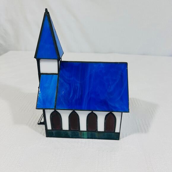 Crystal Village Stained Glass Church Illuminated VTG Handcrafted American Glas\ - Picture 5 of 12